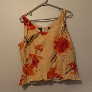 Dana Buchman Red Pink Tan Natural Silk Linen Floral Sleeveless Shell Tank Top